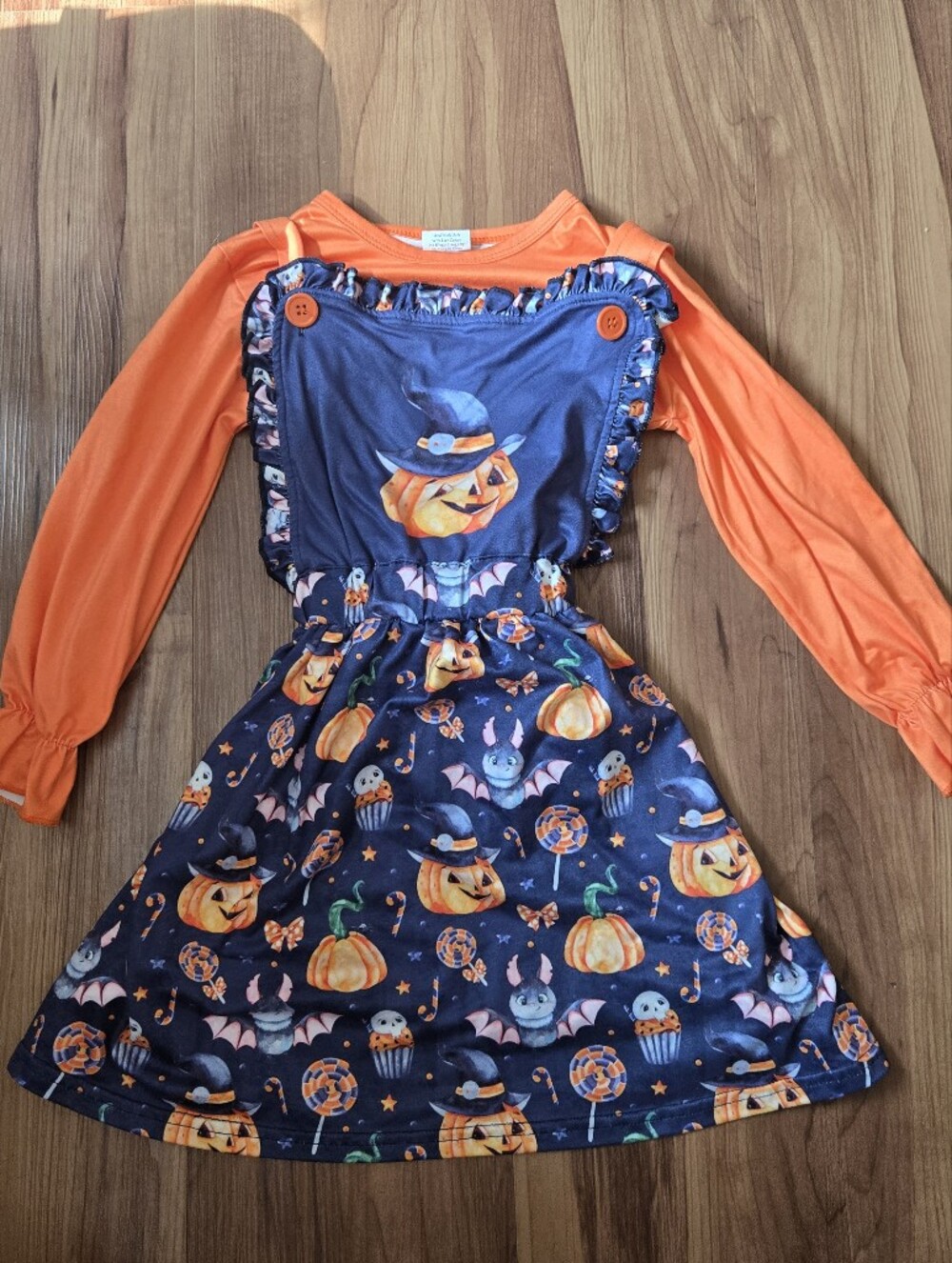 Kids 4T VGUC Halloween Pumpkin Print Dress with Orange Long Sleeve Shirt